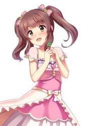 Rule 34 | 1girl, :d, blush, bow, brown eyes, brown hair, clover, collarbone, dress, hair bow, head tilt, highres, holding, idolmaster, idolmaster cinderella girls, long hair, ogata chieri, open mouth, pink bow, pink dress, sakurano yukke, short sleeves, simple background, smile, solo, standing, twintails, white background