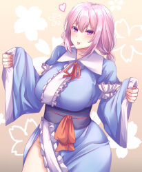 Rule 34 | 1girl, alternate hairstyle, blue kimono, breasts, brown background, closed mouth, floral background, frilled kimono, frills, gradient background, heart, highres, japanese clothes, kimono, large breasts, long sleeves, looking at viewer, mirufui, no headwear, pink eyes, pink hair, saigyouji yuyuko, short hair, short twintails, sidelocks, solo, tongue, tongue out, touhou, twintails, wide sleeves
