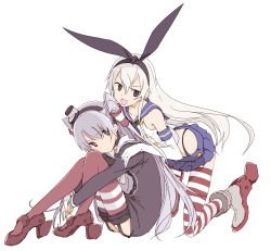 Rule 34 | 10s, amatsukaze (kancolle), bare shoulders, black panties, blonde hair, blush, brown eyes, dress, elbow gloves, flat chest, garter straps, gloves, hair ribbon, hair tubes, hamasin2424, highleg, highleg panties, highres, hugging own legs, kantai collection, long hair, looking at viewer, multiple girls, navel, open mouth, panties, ribbon, sailor collar, sailor dress, shimakaze (kancolle), silver hair, sitting, skirt, striped clothes, striped legwear, striped thighhighs, thighhighs, twintails, two side up, underwear, white gloves