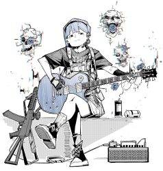 Rule 34 | 1girl, :3, absurdres, assault rifle, crossed legs, dated commentary, electric guitar, gloves, guitar, gun, highres, instrument, load bearing vest, magazine (weapon), monochrome, mx-nagant, original, partially fingerless gloves, playing guitar, rifle, shirt, shoes, shorts, sitting, skull, sneakers, socks, solo, spot color, t-shirt, thorns, weapon
