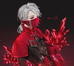 Rule 34 | 1boy, aesop carl, alternate eye color, bad id, bad pixiv id, belt, black background, black sclera, capelet, colored eyelashes, colored sclera, crystal, english text, gloves, grey hair, identity v, kouri (kyorosuukeeeeeee), light particles, long sleeves, male focus, mask, medium hair, mouth mask, official alternate costume, ponytail, red eyes, red theme, simple background, solo, spikes, surgical mask