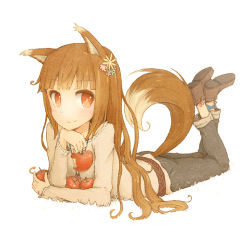 Rule 34 | 1girl, animal ears, ankleband, apple, awakumo, beige shirt, belt, bitten apple, black pants, blue ribbon, blunt bangs, bright pupils, brown belt, brown footwear, brown hair, brown tail, closed mouth, collarbone, commentary request, flower, food, food bite, fruit, full body, hair flower, hair ornament, head rest, holding, holding food, holding fruit, holo, long hair, long sleeves, looking at viewer, lying, multicolored tail, on stomach, pants, pouch, red eyes, ribbon, ribbon-trimmed collar, ribbon trim, shoes, simple background, slit pupils, smile, solo, spice and wolf, split mouth, tail, white background, white tail, wolf ears, wolf tail