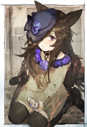 Rule 34 | 1girl, animal ears, bandaid, bandaid on hand, black collar, black footwear, black hat, black thighhighs, blue flower, blue rose, brown dress, brown eyes, brown hair, closed mouth, collar, collarbone, commentary request, dress, flower, hair over one eye, hat, hat flower, highres, hiranko, horse ears, horse girl, horse tail, long hair, long sleeves, looking at viewer, nail polish, purple nails, rice shower (umamusume), rose, shoes, sitting, sleeves past wrists, solo, tail, thighhighs, tilted headwear, umamusume, very long hair, wariza