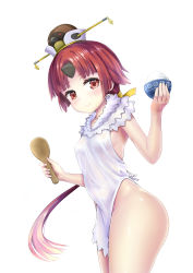Rule 34 | 1girl, apron, ass, bad id, bad pixiv id, bare arms, benienma (fate), bowl, breasts, closed mouth, commentary request, crost, fate/grand order, fate (series), frilled apron, frills, from side, hat, highres, holding, holding bowl, holding spoon, long hair, looking at viewer, low ponytail, naked apron, red eyes, red hair, rice bowl, simple background, small breasts, smile, solo, spoon, white background, wooden spoon