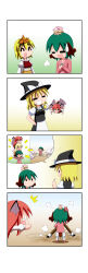 Rule 34 | &gt; &lt;, &gt;o&lt;, 0 0, 4koma, 5girls, :d, :o, = =, @ @, ^^^, ^ ^, absurdres, afterimage, anger vein, angry, animal ears, apron, arrow (symbol), bat wings, black dress, blonde hair, bow, braid, buttons, chibi, chibi on head, closed eyes, comic, commentary request, dog ears, dog tail, dress, dust cloud, fairy wings, flower, full body, gradient background, green hair, grin, hair between eyes, hair flower, hair ornament, hair ribbon, hand on own hip, hat, hat bow, head wings, highres, human tower, juliet sleeves, kasodani kyouko, kirisame marisa, koakuma, lily white, long hair, long sleeves, magic circle, mini person, minigirl, motion lines, multiple girls, on head, open mouth, paintbrush, pink shirt, pleated skirt, puffy short sleeves, puffy sleeves, rakugaki-biyori, red hair, ribbon, sand writing, shirt, short hair, short sleeves, side braid, sidelocks, simple background, skirt, smile, smoke, spoken character, stacking, sweatdrop, sweeping, tail, tears, toramaru shou, touhou, tress ribbon, v-shaped eyebrows, waist apron, waving arms, wings, witch hat