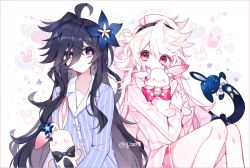 Rule 34 | 2girls, black bow, black hair, blue pajamas, blue shirt, blush, bow, closed mouth, collared shirt, covered mouth, dress shirt, elsword, g ieep, hair between eyes, heart, hugging object, laby (elsword), long hair, long sleeves, multiple girls, nisha (elsword), pajamas, red bow, red eyes, shirt, sitting, smile, striped clothes, striped pajamas, striped shirt, stuffed animal, stuffed rabbit, stuffed toy, twitter username, vertical-striped clothes, vertical-striped shirt, very long hair, white background, white hair, white pajamas, white shirt