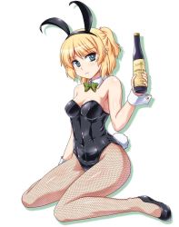 Rule 34 | 1girl, alcohol, alternate costume, animal ears, bare shoulders, black leotard, blonde hair, blush, bow, bowtie, breasts, cleavage, closed mouth, covered navel, derivative work, detached collar, fake animal ears, fishnet pantyhose, fishnets, full body, green bow, green bowtie, green eyes, hairband, isaki (gomi), leotard, looking at viewer, mizuhashi parsee, ootsuki wataru, pantyhose, playboy bunny, pointy ears, rabbit tail, short ponytail, sitting, small breasts, solo, tail, touhou, wine, wrist cuffs
