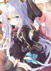 Rule 34 | 1girl, :o, animal ear fluff, animal ears, armband, aruka (alka p1), black hat, black jacket, black skirt, black thighhighs, blue bow, blue eyes, blush, bow, breasts, cat ears, cat girl, cat tail, collared shirt, commentary request, frilled skirt, frills, hair between eyes, hand up, hat, heterochromia, highres, holding, holding clothes, holding hat, jacket, long hair, looking at viewer, medium breasts, military, military uniform, multicolored hair, one side up, original, parted lips, peaked cap, pink hair, shirt, skirt, solo, streaked hair, tail, tail bow, tail ornament, thighhighs, uniform, unworn hat, unworn headwear, very long hair, white shirt, yellow eyes