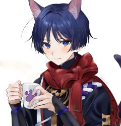 Rule 34 | 1boy, :q, animal ear fluff, animal ears, armor, artist name, black hair, black shirt, blue eyes, blunt ends, blush, cat boy, cat ears, cat tail, closed mouth, cup, dfuma pqr, drink, eyeshadow, genshin impact, hands up, highres, holding, holding cup, japanese armor, japanese clothes, kote, kurokote, looking at viewer, makeup, male focus, mug, parted bangs, paw print, red eyeshadow, red scarf, scaramouche (genshin impact), scarf, shirt, short hair, solo, tail, tongue, tongue out, twitter username, upper body, white background