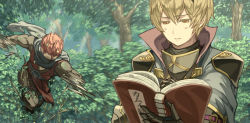 Rule 34 | 2boys, ambush, armor, attack, black armor, black gloves, black legwear, black pants, blonde hair, blue capelet, blue scarf, book, bush, capelet, closed mouth, clueless, collared capelet, commentary request, covered mouth, dated commentary, day, fire emblem, fire emblem fates, floating scarf, forest, furrowed brow, gloves, gold trim, hair between eyes, hair slicked back, half-closed eyes, harusame (rueken), high collar, holding, holding book, japanese clothes, jitome, leo (fire emblem), light rays, long sleeves, male focus, mask, motion lines, mouth mask, multiple boys, nature, ninja, ninja mask, nintendo, open book, orange eyes, outdoors, pants, reading, red hair, running, saizo (fire emblem), scar, scar across eye, scar on face, scarf, short hair, shoulder armor, shoulder pads, sidelocks, standing, sunbeam, sunlight, tree, tsurime, upper body