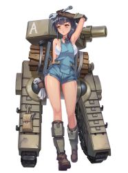 Rule 34 | 1girl, bad id, bad pixiv id, belt, black hair, boots, bustier, character request, full body, gloves, guangzhou qian xue, hand on own head, kantai collection, liubo0818, looking to the side, mecha, overalls, rag, robot, shorts, solo, sweat, walking, wrench, yellow eyes
