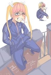 Rule 34 | 1girl, anger vein, asymmetrical sidelocks, blonde hair, blue eyes, blue footwear, blue jacket, blue pants, blue track suit, blunt bangs, brick wall, cigarette, commentary, curled fingers, english commentary, from above, from side, furrowed brow, gradient hair, hair ornament, half-closed eye, hands in pockets, highres, indie virtual youtuber, jacket, kyoresu, looking ahead, looking at viewer, looking up, manny mcmannington, multicolored hair, multiple views, pants, pink hair, rabbit hair ornament, shadow, shoes, sidelocks, simple background, sitting, sitting on wall, slav squatting, smoke, smoking, squatting, teeth, tile floor, tiles, track jacket, track pants, twintails, two-tone hair, virtual youtuber, white background, zipper pull tab
