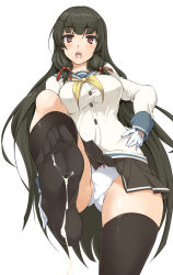 Rule 34 | 10s, 1girl, black hair, black thighhighs, breasts, cowboy shot, cum, cum on body, cum on clothes, cum on lower body, feet, foot focus, from below, gloves, hand on own hip, isokaze (kancolle), kantai collection, leg up, long hair, looking at viewer, momio, no shoes, open mouth, panties, red eyes, school uniform, serafuku, sidelocks, simple background, skirt, soles, solo, thighhighs, toes, underwear, very long hair, white background, white gloves, white panties