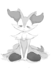 Rule 34 | 1girl, animal ear fluff, animal ears, animal hands, animal nose, between legs, blush, body fur, braixen, creatures (company), female focus, flat chest, fox ears, fox girl, fox tail, furry, furry female, game freak, gen 6 pokemon, greyscale, half-closed eyes, hand between legs, head tilt, kajiura, looking at viewer, monochrome, nintendo, open mouth, own hands together, pokemon, pokemon (creature), simple background, sitting, sketch, solo, straight-on, tail, v arms, wariza, white background