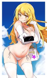 Rule 34 | + +, 1girl, :q, absurdres, bikini, black thighhighs, blonde hair, blue sky, blush, border, breasts, chain, cleavage, cloud, commentary request, elbow gloves, feet out of frame, giving, gloves, hand up, highres, holding, large breasts, long hair, looking at viewer, navel, renfuu, shokuhou misaki, skindentation, sky, smile, solo, standing, swimsuit, thighhighs, toaru kagaku no railgun, toaru majutsu no index, tongue, tongue out, white bag, white bikini, white border, white gloves, yellow eyes