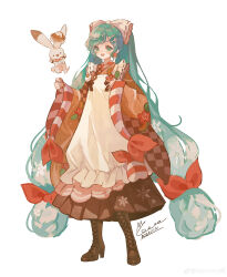 Rule 34 | 1girl, 2023, :d, absurdres, alternate costume, apron, aqua eyes, aqua hair, bow, brown dress, checkered clothes, checkered dress, chef hat, chinese commentary, commentary request, dated, dress, earrings, flower earrings, fork hair ornament, full body, hair bow, hat, hatsune miku, highres, jewelry, long hair, looking at viewer, mie haha, open mouth, orange dress, rabbit, rabbit yukine, signature, simple background, smile, snowflake print, solo, spoon hair ornament, standing, tachi-e, teeth, upper teeth only, very long hair, vocaloid, white apron, white background, white bow, wide sleeves, yuki miku, yuki miku (2024)
