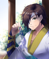 Rule 34 | 1boy, bandage over one eye, brown hair, date masamune (sengoku basara), hair over one eye, highres, holding, holding wind chime, japanese clothes, looking at viewer, male focus, outdoors, sengoku basara, short hair, siso zakura03, slit pupils, smile, solo, upper body, wind chime, yellow eyes