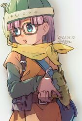 Rule 34 | 1girl, belt, blue eyes, chrono trigger, dated, eggru, glasses, gun, helmet, holding, holding weapon, lucca ashtear, open mouth, purple hair, scarf, short hair, simple background, solo, weapon, white background