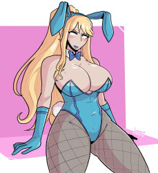 Rule 34 | absurdres, alternate costume, animal costume, animal ears, blonde hair, blue eyes, blue leotard, blue lips, breasts, costume, embarrassed, gloves, highres, large breasts, leotard, log dog, long hair, metroid, mole, nintendo, non-web source, playboy bunny, ponytail, rabbit ears, rabbit tail, samus aran, self-upload, shiny clothes, solo, spread legs, tail