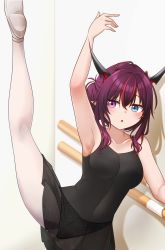Rule 34 | 1girl, absurdres, arm up, armpits, ballerina, ballet slippers, bare arms, bare shoulders, black leotard, blue eyes, breasts, collarbone, flexible, hair between eyes, hair up, heterochromia, highres, hololive, hololive english, horns, indoors, irys (hololive), jan azure, leg up, leotard, medium breasts, multiple horns, open mouth, pantyhose, pointy ears, purple eyes, purple hair, red hair, solo, virtual youtuber