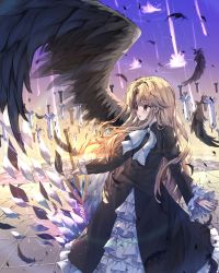 Rule 34 | 1girl, absurdres, black dress, blush, bow, brown feathers, brown wings, dress, electricity, feathered wings, feathers, glowing, hair between eyes, highres, holding, holding sword, holding weapon, juliet sleeves, light brown hair, long hair, long sleeves, looking away, looking to the side, original, parted lips, profile, puffy sleeves, red eyes, sleeves past wrists, solo, standing, sword, tandohark, very long hair, weapon, white bow, wings