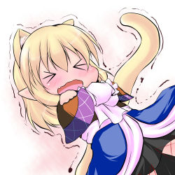 Rule 34 | &gt; &lt;, 1girl, animal ears, arm warmers, blonde hair, blush, cat ears, cat girl, cat tail, chibi, closed eyes, extra ears, fang, female focus, hoshizuki (seigetsu), kemonomimi mode, mizuhashi parsee, open mouth, pointy ears, puru-see (hoshizuki (seigetsu)), scarf, short hair, simple background, solo, tail, touhou, trembling, wavy mouth