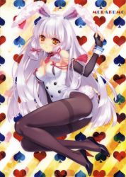 Rule 34 | 10s, 1girl, :o, absurdres, adapted costume, animal ears, ass, bare shoulders, black gloves, black pantyhose, blush, breasts, buttons, carnelian, cleavage, detached collar, elbow gloves, fake animal ears, fingerless gloves, full body, gloves, gradient background, grey hair, headgear, high heels, highres, kantai collection, legs, leotard, long hair, low twintails, murakumo (kancolle), murakumo kai ni (kancolle), pantyhose, playboy bunny, polka dot, polka dot background, rabbit ears, rabbit tail, short twintails, solo, striped, striped background, tail, thighband pantyhose, twintails, two side up, wrist cuffs, yellow eyes