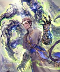 Rule 34 | 1boy, brown hair, facial hair, gauntlets, glowing, grey hair, highres, jewelry, lee hyeseung, male focus, multicolored hair, necklace, official art, priest, red eyes, robe, sash, shadowverse, smile, solo, streaked hair