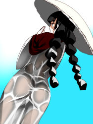 Rule 34 | 1girl, ass, black hair, braid, commentary request, from behind, from below, gradient background, hat, highres, kuranosuke, long hair, own hands together, see-through, solo, touhou, twin braids, wet, wet clothes, yatadera narumi