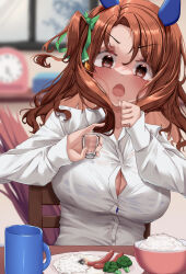 Rule 34 | 1girl, absurdres, animal ears, blurry, blurry background, blush, breasts, broccoli, brown eyes, brown hair, buttons, cleavage, collarbone, commentary, cup, dilated pupils, ear covers, food, fried egg, highres, holding, horse girl, horse tail, king halo (umamusume), large breasts, long hair, long sleeves, looking at viewer, open mouth, parted bangs, plate, rice, sausage, shirt, sitting, solo, surprised, tabunshake, tail, umamusume, upper body, vegetable, white shirt