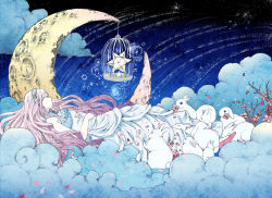 Rule 34 | 1girl, absurdres, bare arms, beamed eighth notes, beamed sixteenth notes, birdcage, blue hairband, branch, rabbit, cage, cherry blossoms, cloud, cocoroppy, commentary, crescent moon, dress, eighth note, closed eyes, frilled hairband, frills, from side, hairband, hands on own stomach, highres, ascot, long dress, long hair, lying, moon, musical note, night, night sky, on back, on cloud, original, petals, pink footwear, pink hair, profile, quarter note, shoes, sky, sleeping, sleeveless, sleeveless dress, solo, star (sky), star (symbol), starry sky, treble clef, very long hair, white dress