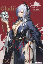 Rule 34 | 1girl, absurdres, animal ears, arknights, blue dress, blue hair, breasts, character name, commentary, dress, gladiia (arknights), gladiia (i am the tides) (arknights), hair ornament, hair over one eye, highres, holding, holding skull, light blue hair, long hair, long sleeves, madao, medium breasts, official alternate costume, pelvic curtain, plunging neckline, pointy ears, red eyes, red ribbon, ribbon, sidelocks, skull, solo, star (symbol), typo, wide sleeves