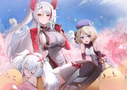 Rule 34 | 3girls, absurdres, animal ears, antenna hair, azur lane, balloon, bare shoulders, beret, black gloves, black thighhighs, blue sky, breasts, buttons, camisole, cherry blossoms, clothing cutout, cross, double-breasted, dress, elbow gloves, fake animal ears, gloves, grey gloves, grey hair, hairband, hat, headgear, highres, iron cross, jacket, jeze, laffey (azur lane), large breasts, leaning forward, light brown hair, long hair, long sleeves, looking at viewer, manjuu (azur lane), medium breasts, mole, mole on breast, multicolored hair, multiple girls, open clothes, open jacket, orange eyes, outdoors, pink jacket, prinz eugen (azur lane), purple eyes, purple headwear, rabbit ears, red gloves, red hair, short hair, side cutout, sideboob, sitting, sky, sleeping, streaked hair, taut clothes, taut dress, thighhighs, twintails, two-tone gloves, two-tone hair, very long hair, white camisole, white hair, z23 (azur lane)