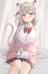 Rule 34 | 1girl, akino ell, animal, animal ear fluff, animal ears, animal on lap, arm support, bell, black ribbon, black skirt, bow, breasts, brown hair, cardigan, cat, cat ears, cat girl, cat tail, closed mouth, collared shirt, commentary request, diagonal-striped bow, dress shirt, feet out of frame, green eyes, hair ornament, hair ribbon, hairclip, heart, heart hair ornament, highres, jingle bell, long hair, long sleeves, looking at viewer, medium breasts, off shoulder, on lap, one side up, original, pink cardigan, pleated skirt, red bow, ribbon, school uniform, shirt, skirt, sleeves past wrists, solo, tail, thighs, very long hair, white shirt