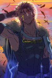 Rule 34 | 1boy, abs, biceps, blue hair, cape, closed mouth, collarbone, cu chulainn (caster) (fate), cu chulainn (fate), earrings, fate/grand order, fate (series), feathers, fingerless gloves, g0ringo, gloves, halo, highres, hood, hood down, hooded cape, jewelry, long hair, looking at viewer, male focus, multiple piercings, muscular, muscular male, pectorals, red eyes, ring, skin tight, slit pupils, smile, solo, spiked hair, tank top