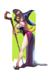Rule 34 | 1girl, ask (dreaming cat), ass, breasts, dragon&#039;s crown, dress, female focus, hat, highres, large breasts, legs, long hair, parted lips, red eyes, signature, solo, sorceress (dragon&#039;s crown), staff, strapless, strapless dress, thighs, witch hat