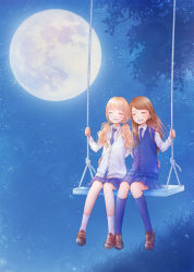 Rule 34 | 2girls, blonde hair, blue legwear, blue necktie, blue skirt, brown hair, cardigan vest, closed eyes, eyelashes, full moon, hand on another&#039;s hip, happy, highres, kneehighs, loafers, long hair, long sleeves, low twintails, moon, multiple girls, necktie, night, open mouth, original, outdoors, pleated skirt, shoes, short hair, sitting, skirt, sky, smile, socks, star (sky), starry sky, swing, tenma (yagami), tree, twintails, white legwear, yuri