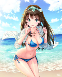 Rule 34 | 1girl, beach, bikini, blue bikini, blue sky, blush, bow, breasts, brown hair, cleavage, cloud, collarbone, commentary request, day, earrings, fingernails, food, green eyes, hair bow, halterneck, hamahama, highres, holding, hood, hoodie, idolmaster, idolmaster cinderella girls, jewelry, leaning forward, long fingernails, long hair, long sleeves, medium breasts, navel, necklace, ocean, open clothes, open hoodie, open mouth, outdoors, popsicle, sand, shibuya rin, side-tie bikini bottom, signature, sky, sleeves rolled up, smile, solo, standing, star (symbol), star earrings, star necklace, string bikini, swimsuit, water