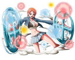 Rule 34 | 1girl, blue jacket, bodskih, breasts, brown eyes, cleavage, crop top, grey skirt, jacket, large breasts, midriff, miniskirt, nami (one piece), navel, one piece, one piece treasure cruise, open clothes, open jacket, open mouth, orange hair, pleated skirt, shiny clothes, shiny skin, short hair, skirt, smoke, solo, stomach, transparent background