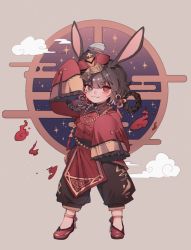Rule 34 | 1girl, animal ears, brown hair, chinese clothes, dongbaegsi, grey eyes, heterochromia, highres, long hair, looking at viewer, lord of heroes, mei ling qiao, pale skin, polearm, rabbit ears, rabbit girl, red eyes, solo, talisman, traditional clothes, weapon