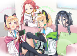 Rule 34 | 4girls, abe kanari, aris (blue archive), blonde hair, blue archive, blue eyes, blue hair, blurry, blurry background, commentary request, couch, dark blue hair, green eyes, hair between eyes, hair ribbon, halo, headband, long hair, long hair between eyes, midori (blue archive), momoi (blue archive), multiple girls, open mouth, red eyes, red hair, ribbon, short hair, siblings, sisters, sitting, wall, yuzu (blue archive)
