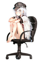Rule 34 | 10s, 1girl, barefoot, black skirt, blue eyes, chair, eyebrows, feet on chair, full body, hair between eyes, hat, hibiki (kancolle), highres, kantai collection, long hair, looking at viewer, office chair, pen, school uniform, shoes, unworn shoes, short sleeves, silver hair, simple background, sitting, skirt, solo, somalisu, swivel chair, white background