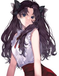 Rule 34 | 1girl, bad id, bad twitter id, bare arms, bare shoulders, black hair, blue eyes, bow, commentary request, contrapposto, cowboy shot, fate/stay night, fate (series), frilled shirt, frills, hair bow, hair ribbon, highres, long hair, looking at viewer, neck ribbon, parted bangs, red skirt, ribbon, shimatori (sanyyyy), shirt, shirt tucked in, simple background, skirt, sleeveless, sleeveless shirt, solo, teeth, thighhighs, tohsaka rin, two side up, upper body, white background, white shirt