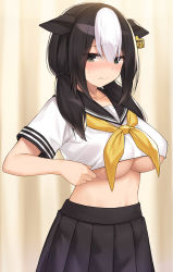 Rule 34 | 1girl, animal ears, black hair, black sailor collar, black skirt, blurry, blurry background, blush, breasts, cccpo, closed mouth, clothes lift, collarbone, cow ears, depth of field, ear tag, fingernails, green eyes, hair between eyes, highres, holstein (cccpo), large breasts, lifted by self, long sleeves, looking at viewer, multicolored hair, neckerchief, nose blush, original, pleated skirt, revision, sailor collar, school uniform, serafuku, shirt, shirt lift, short sleeves, skirt, solo, sweat, two-tone hair, underboob, white hair, white shirt, yellow neckerchief