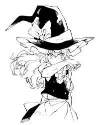 Rule 34 | 1girl, apron, black hat, black skirt, black vest, bow, braid, cropped torso, greyscale, hair bow, hand up, hat, hat bow, kirisame marisa, long hair, monochrome, natsume (menthol), scratches, shirt, short sleeves, simple background, single braid, skirt, solo, touhou, upper body, vest, waist apron, white background, white shirt, wind, witch hat