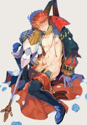 Rule 34 | 1boy, armor, blue eyes, boots, byefrog, cloak, cock ring, cum, cum on body, eliwood (fire emblem), erection, fire emblem, fire emblem: the blazing blade, highres, lance, looking at viewer, male focus, navel, nintendo, nipples, penis, polearm, red hair, revealing clothes, sex toy, solo, testicles, thigh boots, thighhighs, weapon