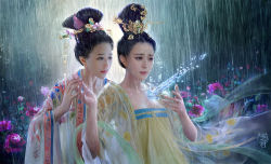 Rule 34 | 2girls, arrow (projectile), black eyes, black hair, broken, character request, chinese clothes, collarbone, dainegikun, earrings, fan bingbing, floral print, flower, gold, hair flower, hair ornament, hair stick, hair up, holding hands, ice, jewelry, lips, lipstick, long sleeves, makeup, multiple girls, photorealistic, primrose (flower), rain, real life, realistic, rose, traditional clothes, wet, wide sleeves