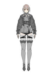 Rule 34 | 1girl, black jacket, blush, boots, brown eyes, brown hair, cleavage cutout, closed mouth, clothing cutout, ganida boushoku, grey footwear, grey thighhighs, highres, jacket, light blush, light brown hair, open clothes, open jacket, original, short hair, simple background, sketch, smile, solo, standing, thigh boots, thigh strap, thighhighs, turtleneck, white background