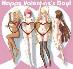 Rule 34 | 4girls, ahoge, aqua eyes, arc system works, ass, bare shoulders, barefoot, black legwear, blonde hair, blush, breasts, brown eyes, brown hair, censored, censored nipples, chocolate, colored eyelashes, convenient censoring, dark-skinned female, dark skin, elphelt valentine, feet, green eyes, guilty gear, guilty gear xrd, heart, highres, large breasts, long hair, looking at viewer, lying, may (guilty gear), millia rage, multiple girls, navel, novelty censor, nude, on back, on stomach, pink hair, ramlethal valentine, red eyes, ribbon, rokuro, shadow, shiny skin, short hair, take your pick, thighhighs, valentine, very long hair, white hair, white legwear, zaki (narashigeo)