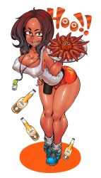 Rule 34 | 1girl, ass, bare shoulders, bird, black hair, bottle, breasts, chicken, chicken (food), cleavage, dark-skinned female, dark skin, employee uniform, food, fried chicken, full body, hand on own hip, hooters, jewelry, large breasts, long hair, loose socks, necklace, no legwear, open mouth, original, plate, shoes, simple background, smile, sneakers, socks, solo, tagane, tank top, uniform, waitress, white background, wide hips